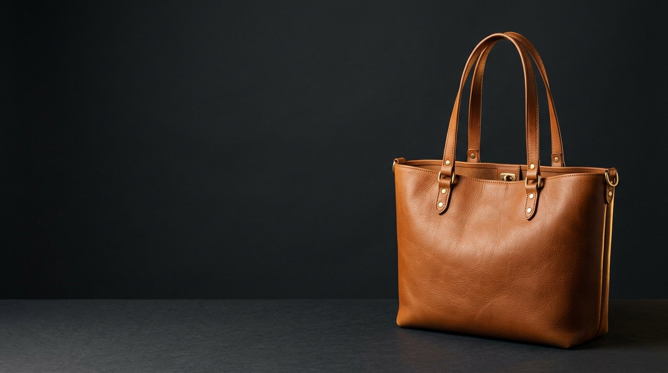 Tan leather tote bag on a dark background