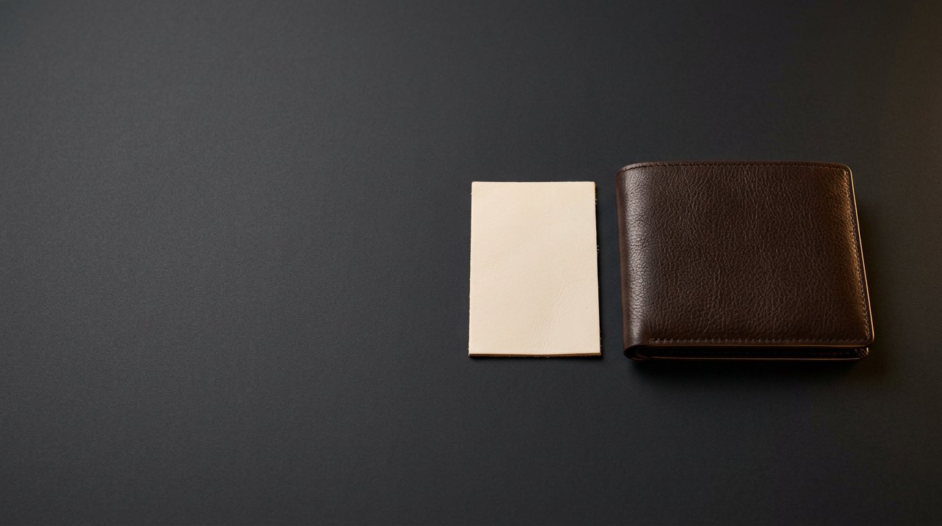 Unbranded leather wallet beside a leather swatch